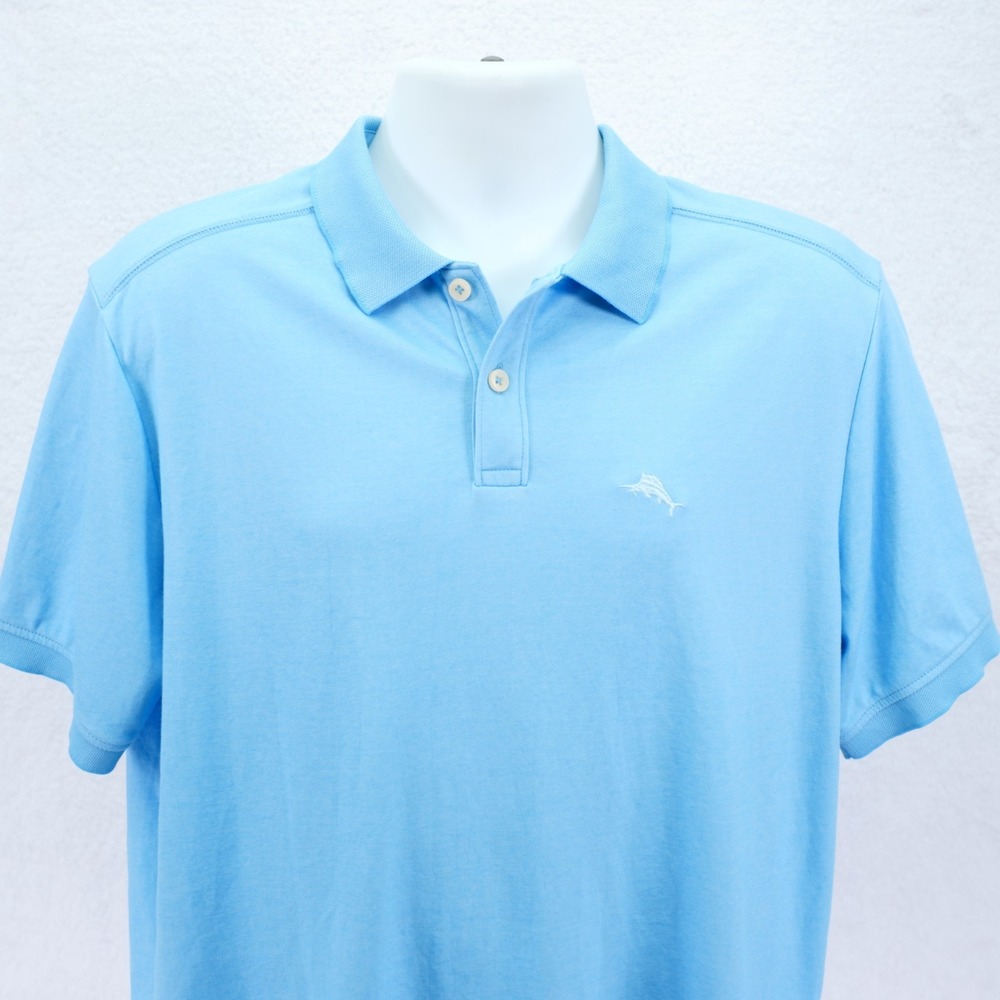 Tommy Bahama -Medium- Blue Knit Polo Shirt Cotton Polyester Short Sleeve Collare